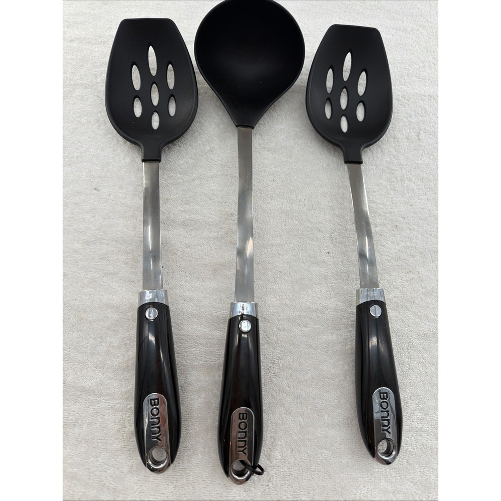 3 Piece Bonny Ergonomic Nylon Metal Plastic Black Serving Spoons Utensils